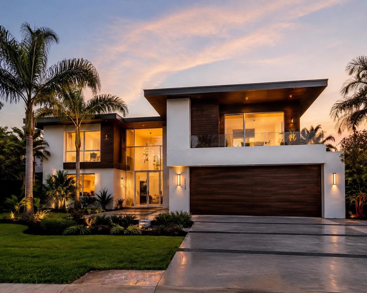 Modern two story home with palm trees at sunset
