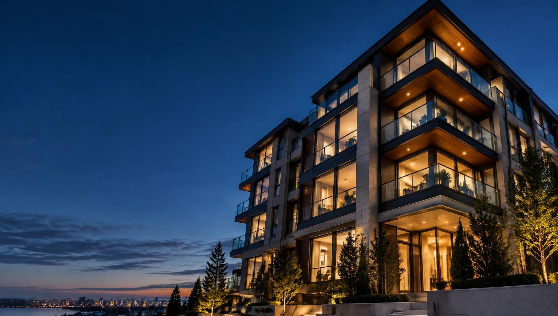 Modern apartment building lit up at dusk after renovation