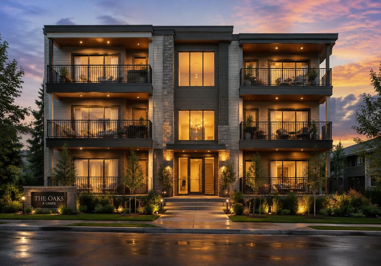 Eight unit apartment building at dusk