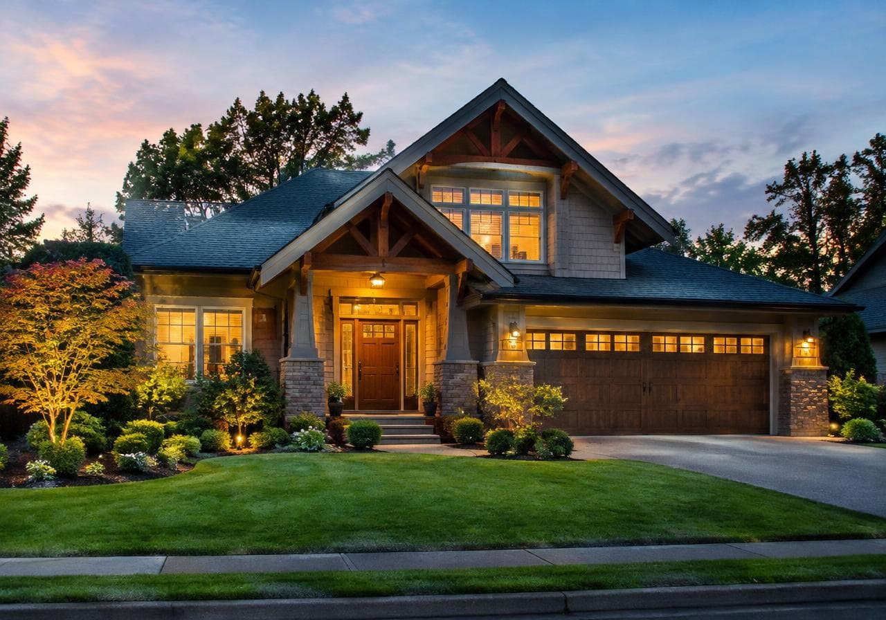 Craftsman style rental home at dusk